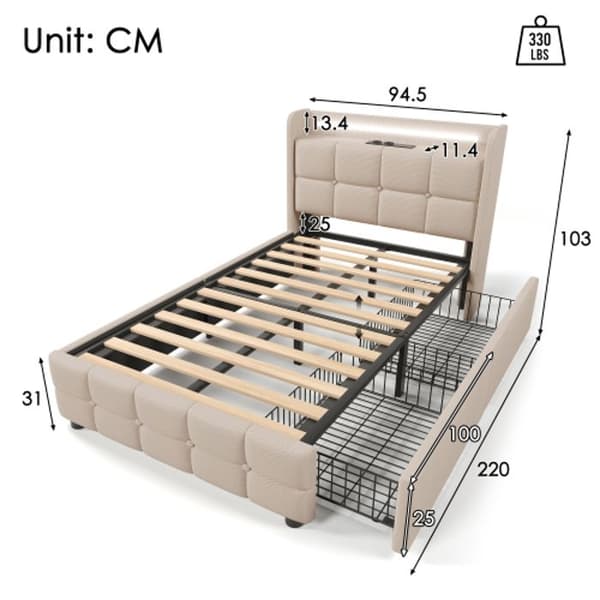 Säng med stoppad huvudände, USB-laddning och LED-belysning, 2 lådor, 90x200 cm, beige (med madrass)