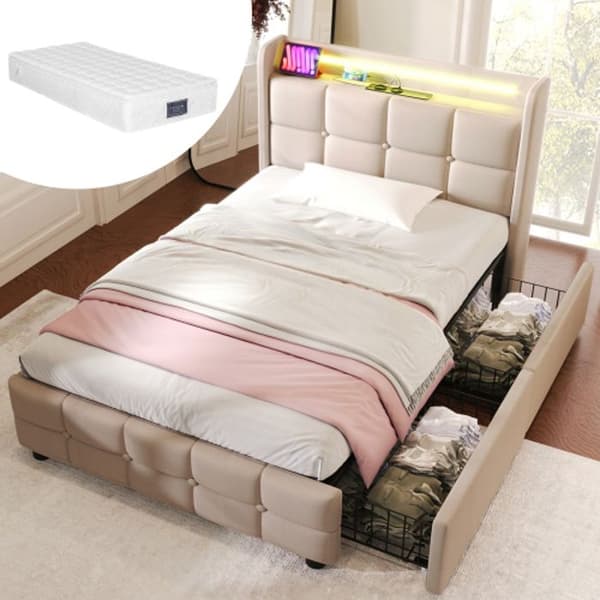 Säng med stoppad huvudände, USB-laddning och LED-belysning, 2 lådor, 90x200 cm, beige (med madrass)