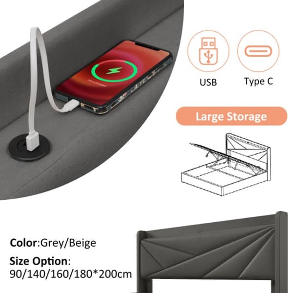 Dubbel säng med klädd sänggavel och USB C-laddare, 140x200 med ribbotten (utan madrass)