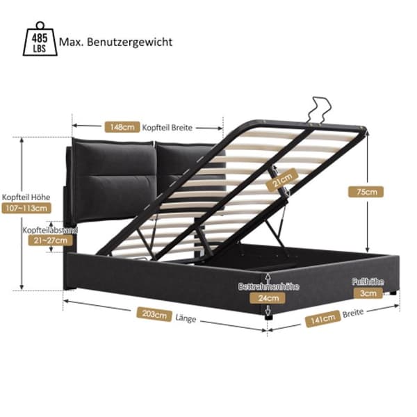 Dubbel säng 140x200 cm med hydraulisk klädsel, Justerbar huvudgavel, Säng med metalllattsäng, Svart (med madrass)