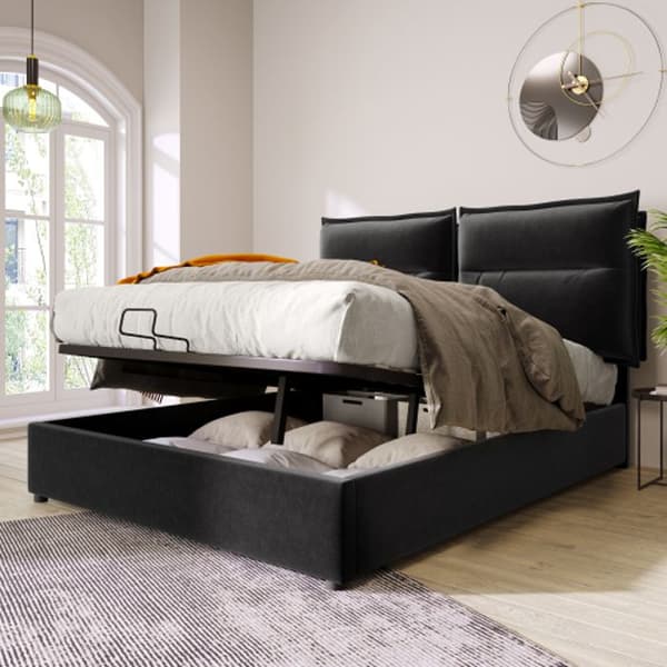 Dubbel säng 140x200 cm med hydraulisk klädsel, Justerbar huvudgavel, Säng med metalllattsäng, Svart (med madrass)