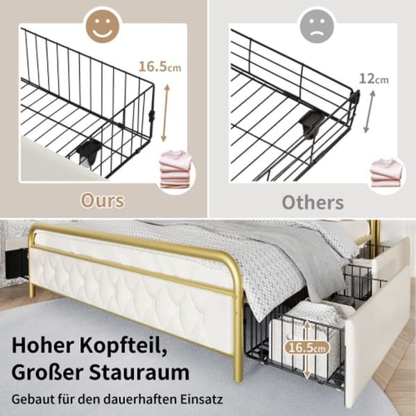 Liträdd med USB APP-Styrd LED metall sängram 160 x 200 sängram och 4 lådor, sammet (utan madrass)