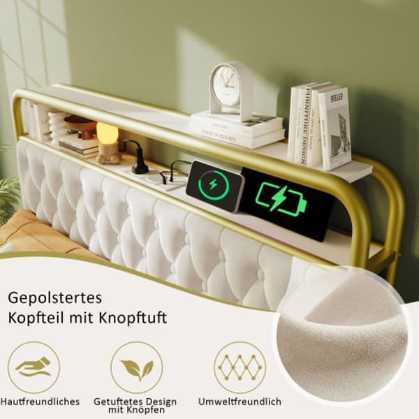 Liträdd med USB APP-Styrd LED metall sängram 160 x 200 sängram och 4 lådor, sammet (utan madrass)