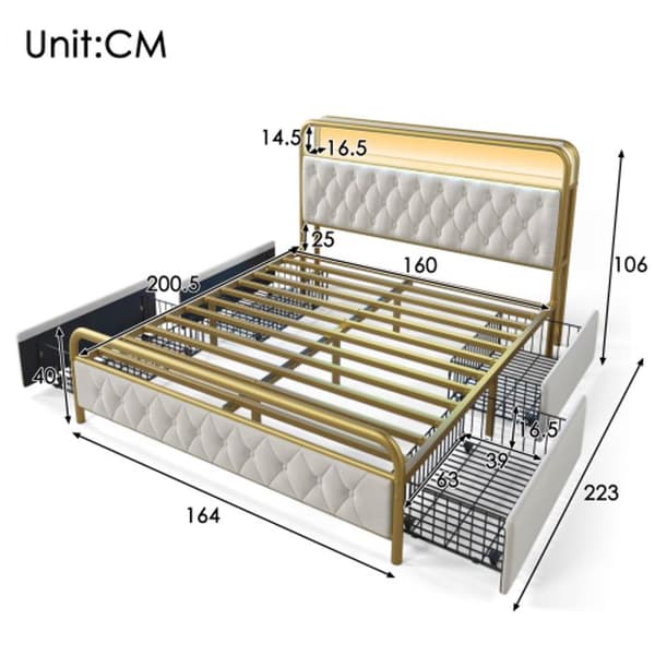 Liträdd med USB APP-Styrd LED metall sängram 160 x 200 sängram och 4 lådor, sammet (utan madrass)