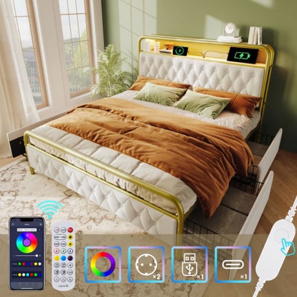 Liträdd med USB APP-Styrd LED metall sängram 160 x 200 sängram och 4 lådor, sammet (utan madrass)