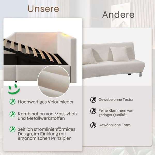 Daybett Lit de jour 90x190cm med hydraulisk förvaring, läsfunktion och USB-C Velvet, Beige