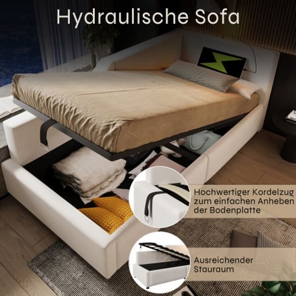 Daybett Lit de jour 90x190cm med hydraulisk förvaring, läsfunktion och USB-C Velvet, Beige