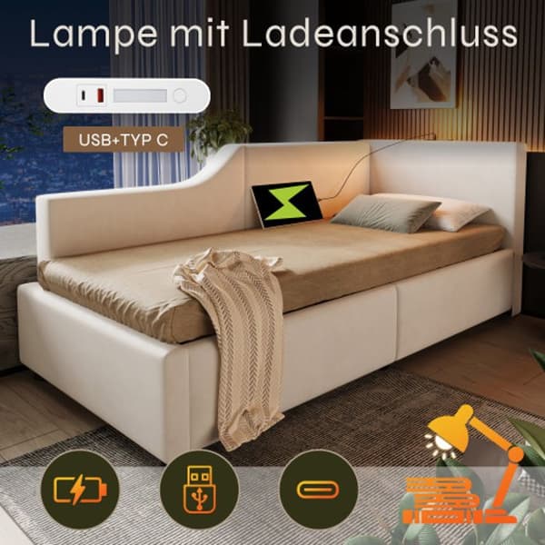 Daybett Lit de jour 90x190cm med hydraulisk förvaring, läsfunktion och USB-C Velvet, Beige