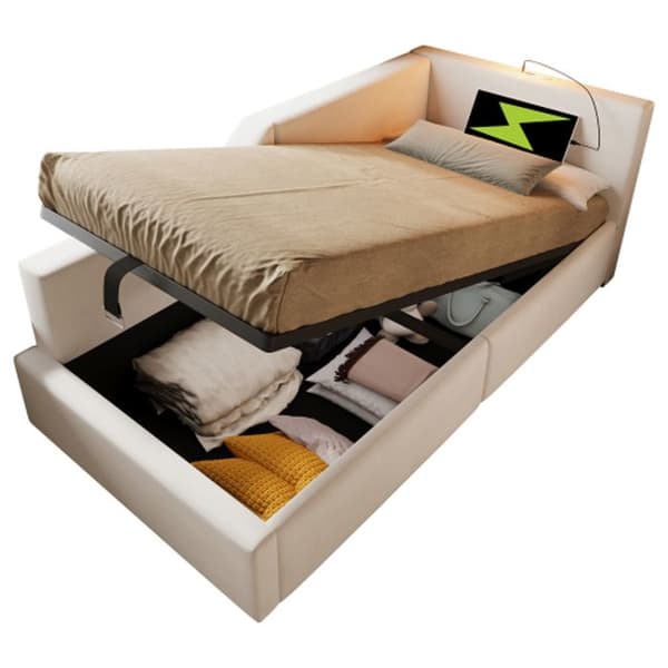 Daybett Lit de jour 90x190cm med hydraulisk förvaring, läsfunktion och USB-C Velvet, Beige