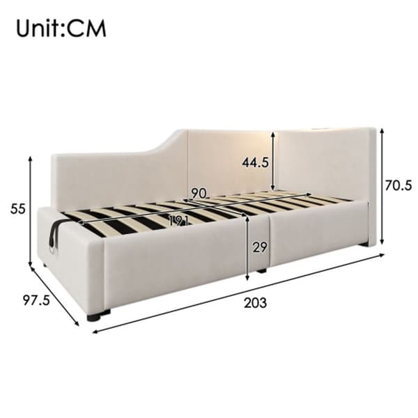 Daybett Lit de jour 90x190cm med hydraulisk förvaring, läsfunktion och USB-C Velvet, Beige
