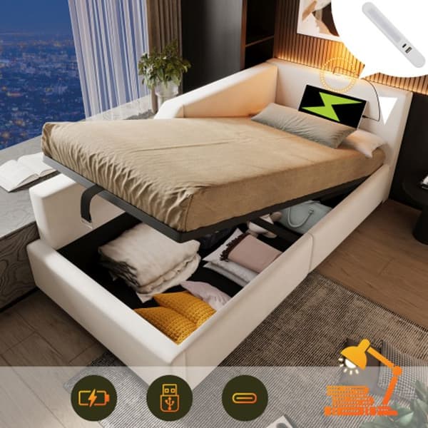 Daybett Lit de jour 90x190cm med hydraulisk förvaring, läsfunktion och USB-C Velvet, Beige