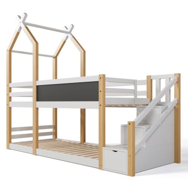 Lekt caban för barn med ram 90 x 200 cm, hög säng för barn - 2x ribbotten - naturlig och vit (utan madrass)