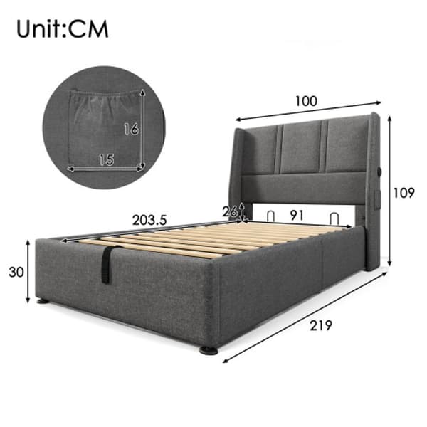 Upplyst säng med vaddering USB 90x200cm, sängram med trälameller, sängram i metall, sängram med lameller, linne, grå