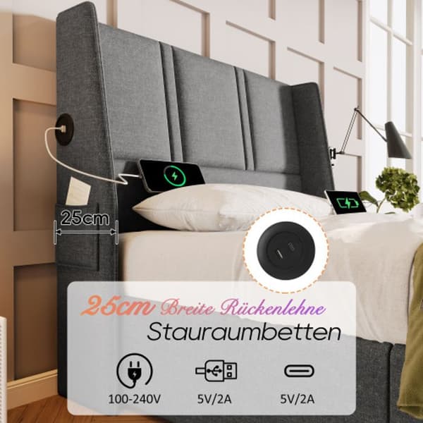 Upplyst säng med vaddering USB 90x200cm, sängram med trälameller, sängram i metall, sängram med lameller, linne, grå