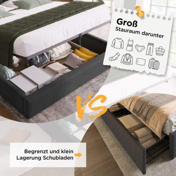Upplyst säng med vaddering USB 90x200cm, sängram med trälameller, sängram i metall, sängram med lameller, linne, grå