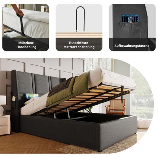 Upplyst säng med vaddering USB 90x200cm, sängram med trälameller, sängram i metall, sängram med lameller, linne, grå