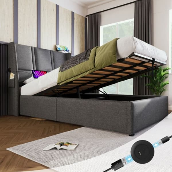 Upplyst säng med vaddering USB 90x200cm, sängram med trälameller, sängram i metall, sängram med lameller, linne, grå