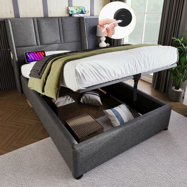 Upplyst säng med vaddering USB 90x200cm, sängram med trälameller, sängram i metall, sängram med lameller, linne, grå