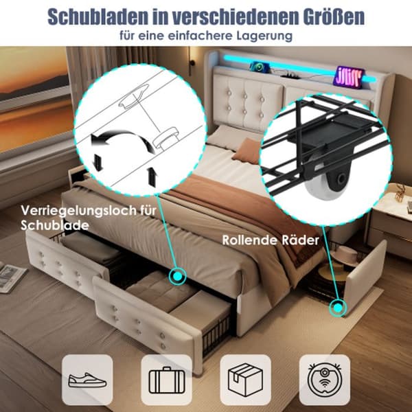 Klädd säng 140x200 med LED sänggavel och USB C samt 4 lådor, beige, bomull (madrass ingår ej)