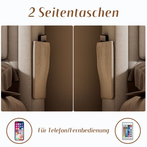 Klädd säng 140x200 med LED sänggavel och USB C samt 4 lådor, beige, bomull (madrass ingår ej)