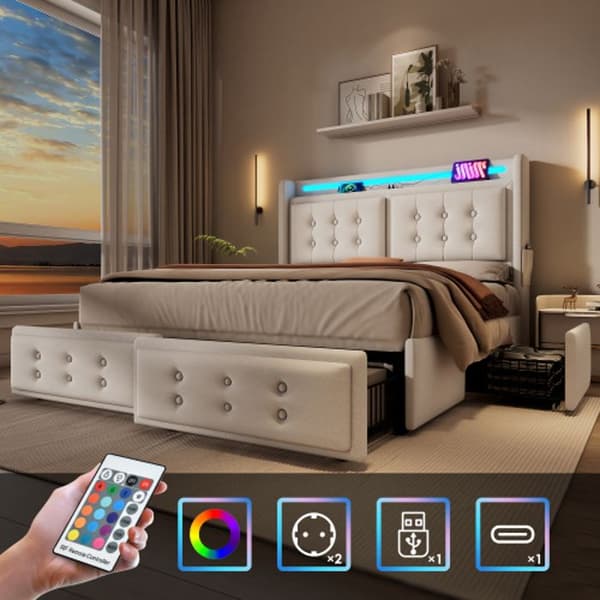Klädd säng 140x200 med LED sänggavel och USB C samt 4 lådor, beige, bomull (madrass ingår ej)