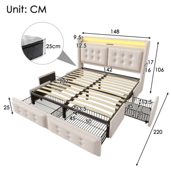 Klädd säng 140x200 med LED sänggavel och USB C samt 4 lådor, beige, bomull (madrass ingår ej)