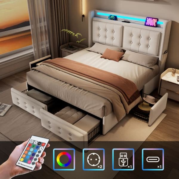 Klädd säng 140x200 med LED sänggavel och USB C samt 4 lådor, beige, bomull (madrass ingår ej)