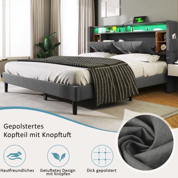 Dubbelsäng med stoppad huvudgavel och USB-laddare samt LED-belysning Sängram, 140*200CM Grå (utan madrass)