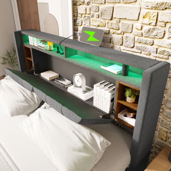 Dubbelsäng med stoppad huvudgavel och USB-laddare samt LED-belysning Sängram, 140*200CM Grå (utan madrass)
