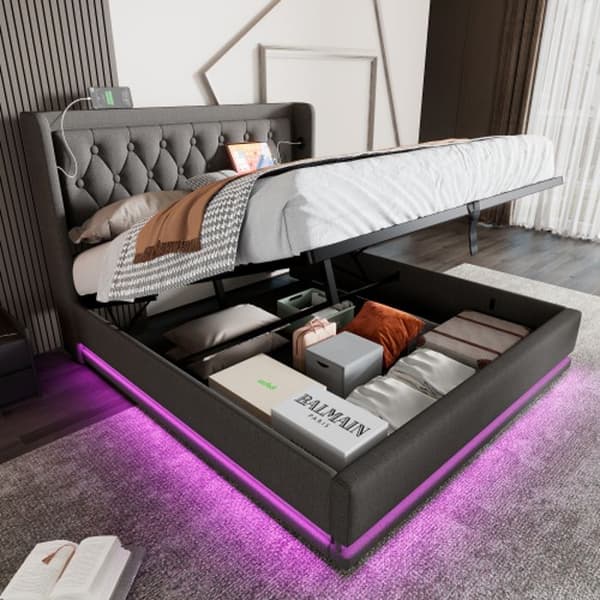 Lit capitonné 160*200 cm, grå Material Coton Hydraulisk säng med förvaring, capitonnerad huvudgavel med USB (madrass ingår ej)