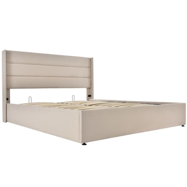 Uppfällt hydrauliskt dubbel 160x200 cm, trälameller, linne, beige