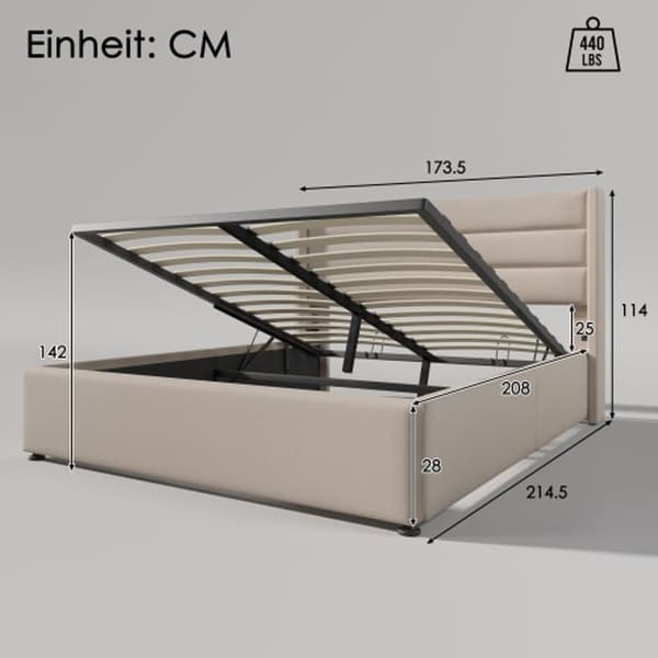 Uppfällt hydrauliskt dubbel 160x200 cm, trälameller, linne, beige