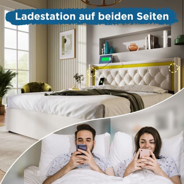 Lysande LED-polsttrad sänggavel med förvaringsskåp och USB C-laddningsfunktion, 160x200 (utan madrass)