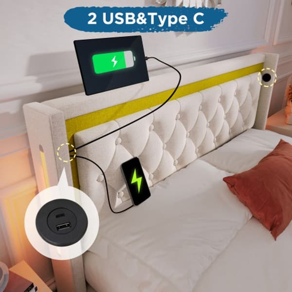 Lysande LED-polsttrad sänggavel med förvaringsskåp och USB C-laddningsfunktion, 160x200 (utan madrass)