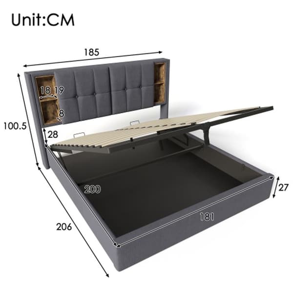Uppfyllt sängram med USB C, sängram 180x200cm med träribbor - grått bomull (madrass ingår ej)