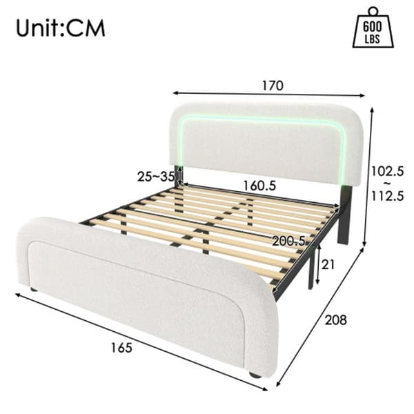 Sängram med USB Type C-laddare LED-belysning, dubbelsäng 160x200 cm vadderad säng, Sherp-vit (utan madrass)
