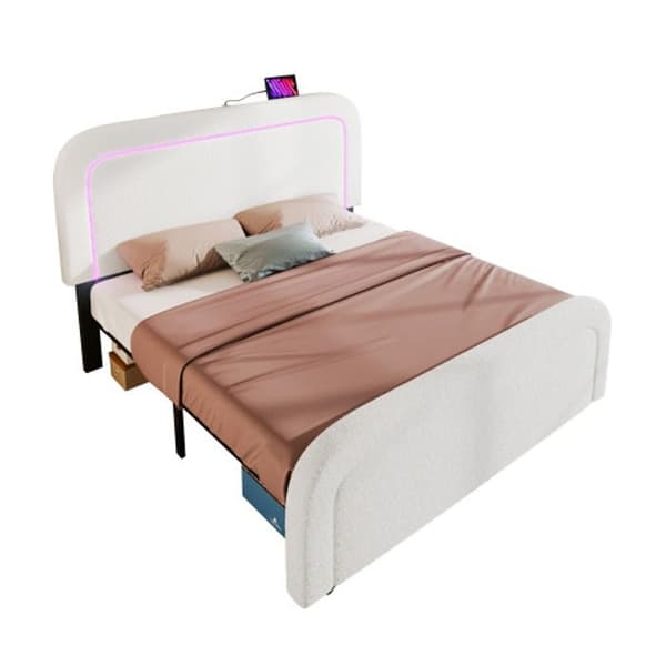 Sängram med USB Type C-laddare LED-belysning, dubbelsäng 160x200 cm vadderad säng, Sherp-vit (utan madrass)
