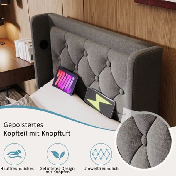 Säng 90*200 cm, hydrauliskt huvudgavel i grått bomull med USB (madrass ingår inte)