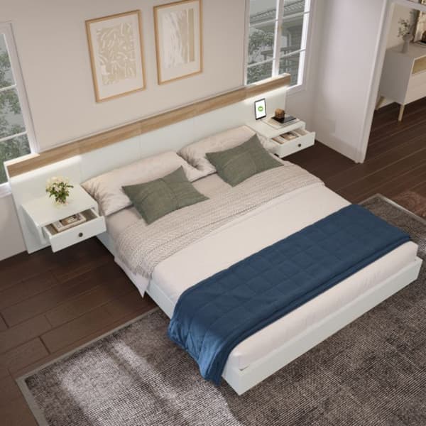 Dubbelsäng Set med 2 sänggavlar LED och USB C uttag 160 x 200 cm Vit set (utan madrass)