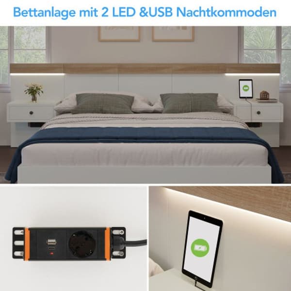 Dubbelsäng Set med 2 sänggavlar LED och USB C uttag 160 x 200 cm Vit set (utan madrass)