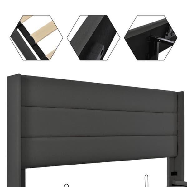 Säng med hydraulisk stoppning, 160x200 cm, trälameller, säng med metallram, lin, grå