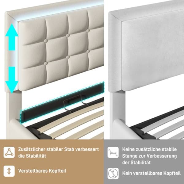 Madrass med tufted design Dubbel säng med LED-ljuslist 160x200 cm sängram, vit konstläder översäng.
