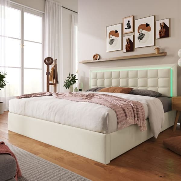 Madrass med tufted design Dubbel säng med LED-ljuslist 160x200 cm sängram, vit konstläder översäng.