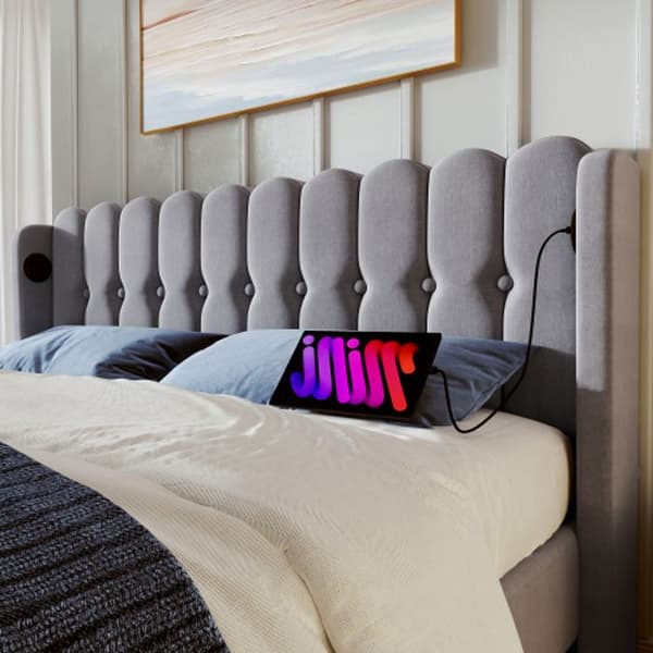 Dubbelsäng med USB Type C-laddning, sängram med lamellbotten, grå, 160 x 200 cm Sängram - linne