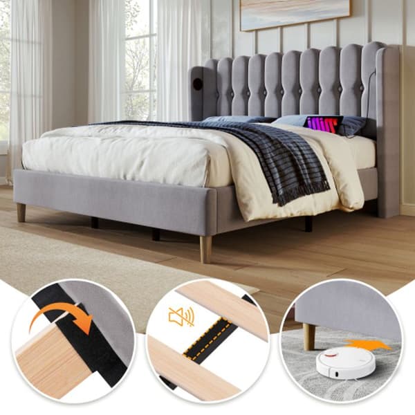 Dubbelsäng med USB Type C-laddning, sängram med lamellbotten, grå, 160 x 200 cm Sängram - linne
