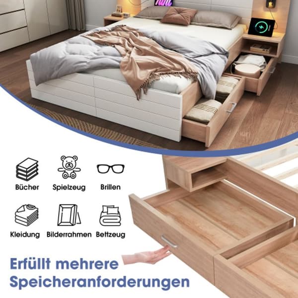 Dubbelsäng i trä (160 x 200 cm, med 2 lådor) med läslampa och USB-laddningsfunktion, 2 sängbord Madrass ingår ej