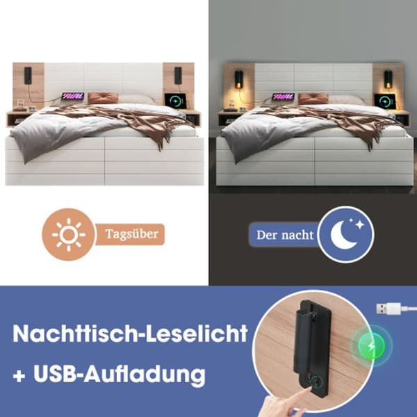 Dubbelsäng i trä (160 x 200 cm, med 2 lådor) med läslampa och USB-laddningsfunktion, 2 sängbord Madrass ingår ej
