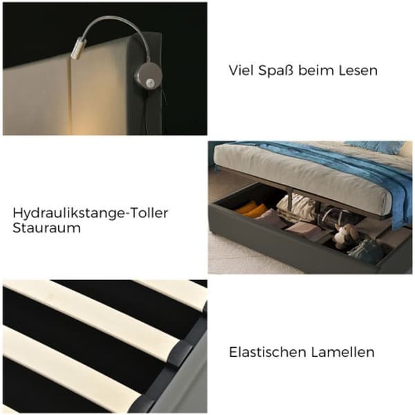 Stoppad säng dubbel läslampa, USB-laddningsfunktion sänggavel, förvaringssäng, 140x200, sängram (med madrass)