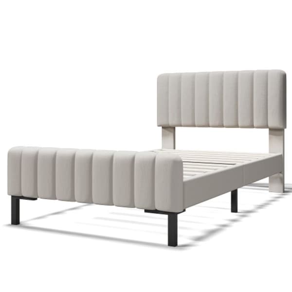 Enkelsäng 90 x 200 cm, sängstomme med lamellbotten och justerbar sänggavel, klädd i gråbeige, linne (med madrass)