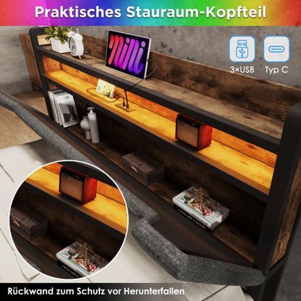 Infällbar sänggavel med USB Typ C med LED-belysning och lådor, 140x200 säng, grå (med madrass)